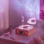 Mini Retro White clock radio with digital display, rose gold accents, and a transparent turntable design
