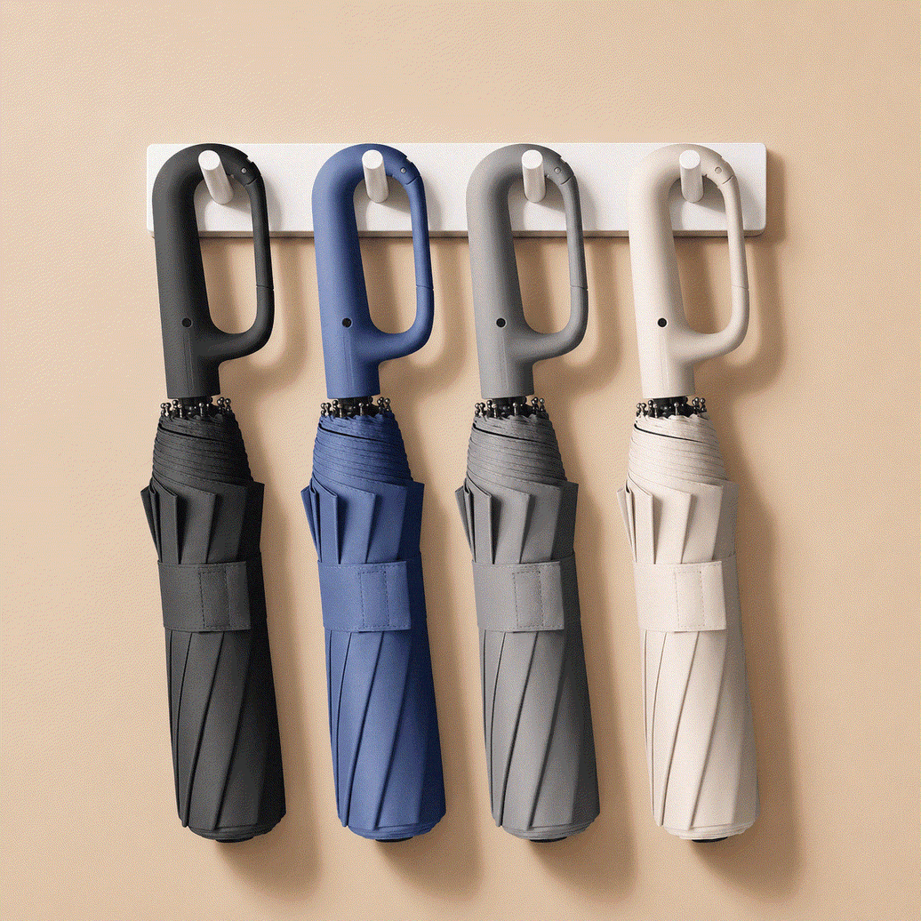 Automatic Folding Umbrella set in black, navy blue, gray, and beige with ergonomic handles and compact folding design