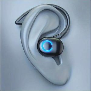 Bluetooth Sleep black wireless earbud with blue LED light on white ear model for secure fit