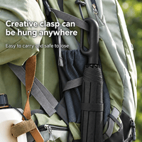 Automatic Folding Umbrella in black with a creative clasp hanging from a green backpack strap, compact and portable design