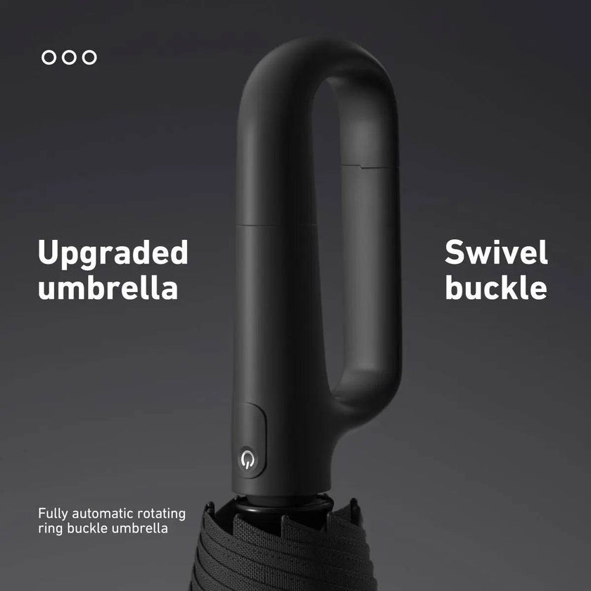 Automatic Folding Umbrella with black ergonomic handle featuring a swivel buckle and compact folded design