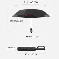 Automatic Folding Umbrella in black with red accents, showing open canopy and folded handle with measurements