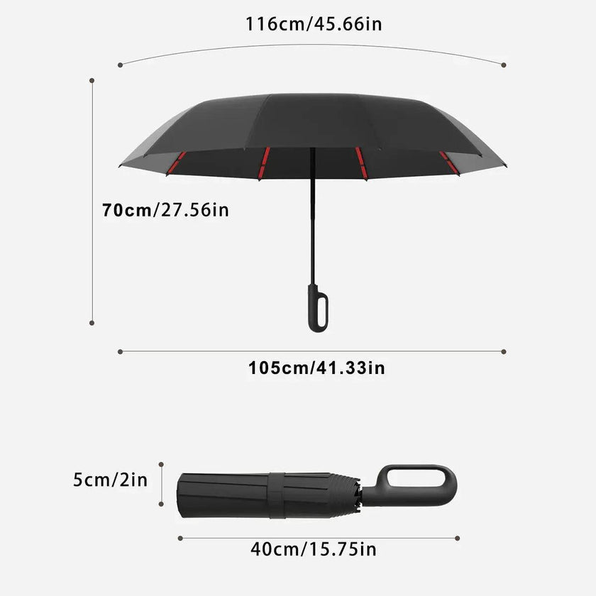 Automatic Folding Umbrella in black with red accents, showing open canopy and folded handle with measurements