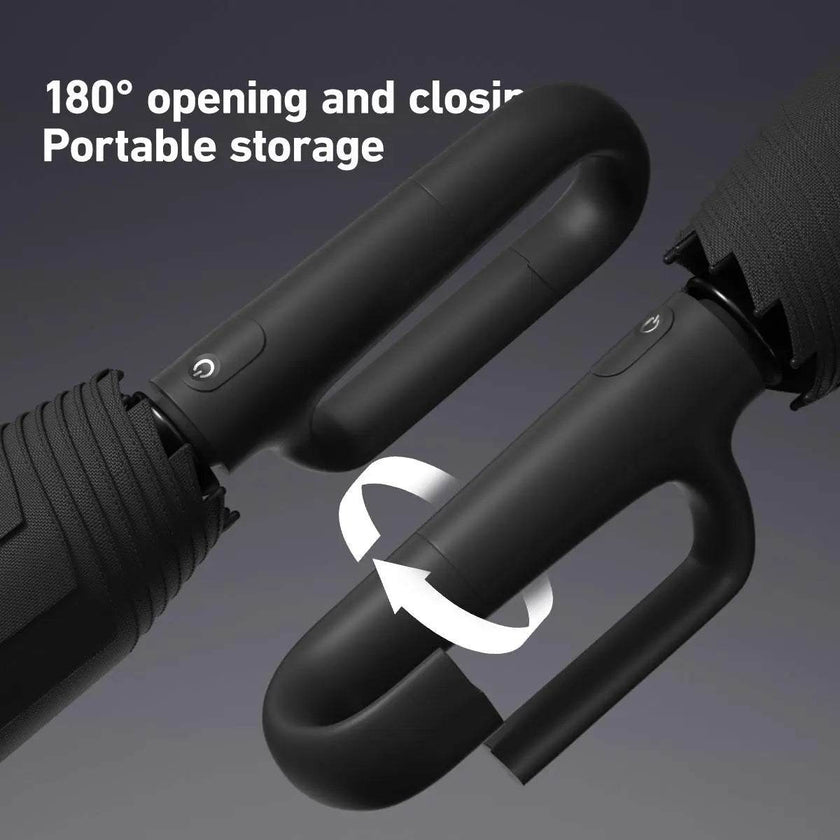 Automatic Folding Umbrella with sleek black ergonomic handle featuring 180-degree rotation and push-button mechanism