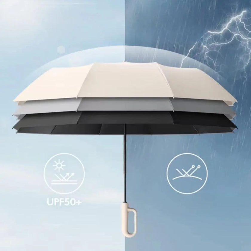 Automatic Folding Umbrella with beige and black double-layer waterproof canopy, durable 10-rib frame, and ergonomic plastic handle