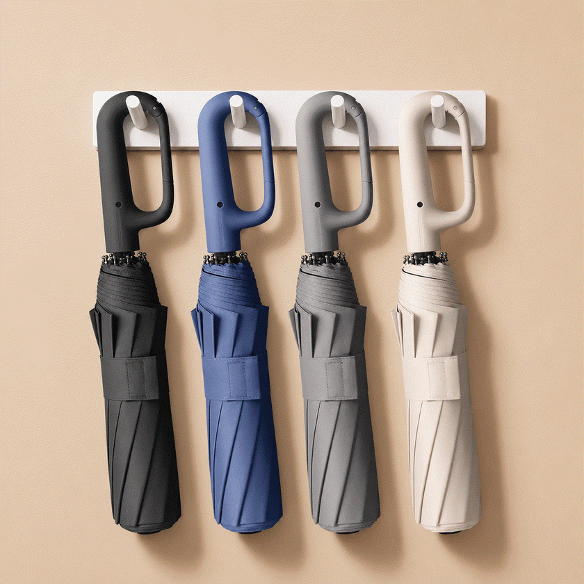 Automatic Folding Umbrella set in black, navy blue, gray, and beige with ergonomic handles and compact folding design