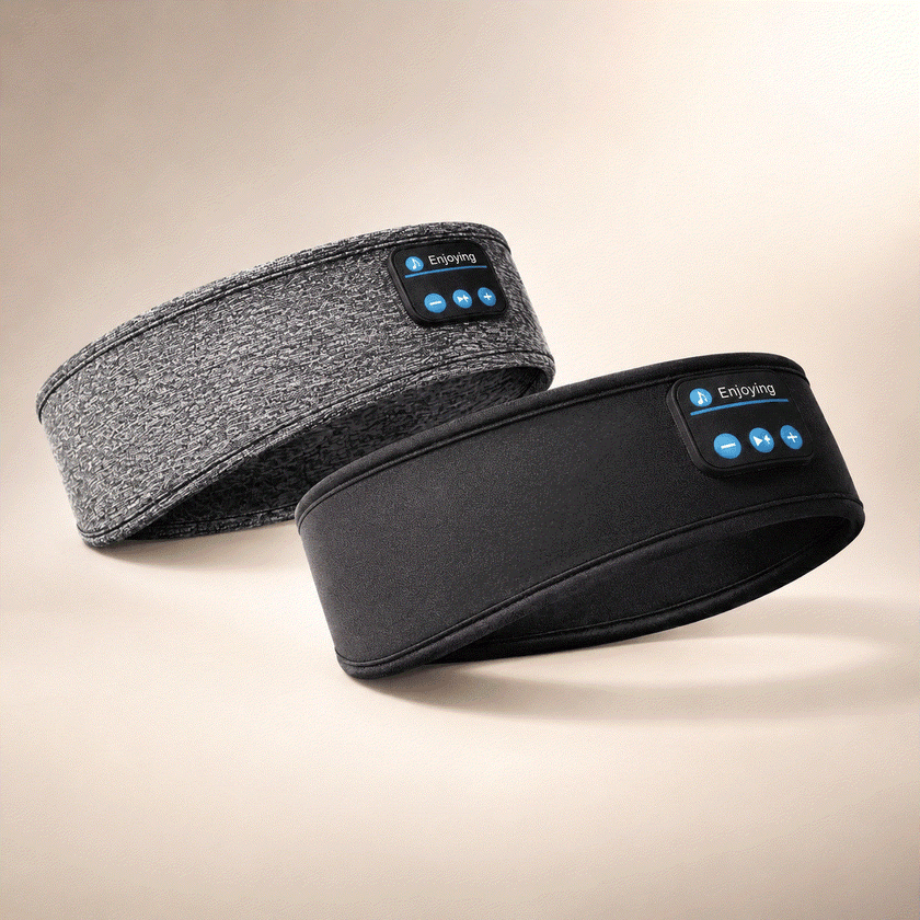 Bluetooth Sleep Headband in black and grey soft fabric with wireless speaker control buttons for comfortable audio use during sleep