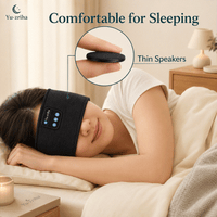 Bluetooth Sleep Headband in black stretch fabric with thin wireless speakers and control buttons worn by a woman sleeping comfortably