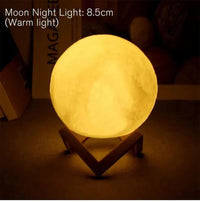 D5 Starry Moon Lamp glowing warm yellow with realistic moon surface texture on a sleek wooden stand