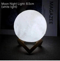 D5 Starry Moon Lamp glowing with white light, realistic moon texture on wooden stand in dark setting