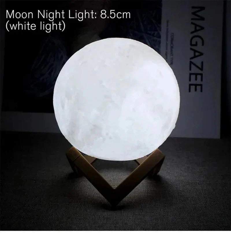 D5 Starry Moon Lamp glowing with white light, realistic moon texture on wooden stand in dark setting