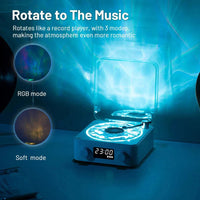 Mini Retro White Noise Bluetooth Speaker in white with RGB lighting and a rotating record player design, showing digital clock display