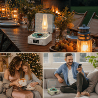 Mini Retro White Noise Bluetooth Speaker with white body, transparent lid, and green turntable pattern, shown in cozy indoor and outdoor settings