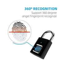 Smart Fingerprint Padlock in black with metal shackle and fingerprint sensor supporting 360 degree recognition
