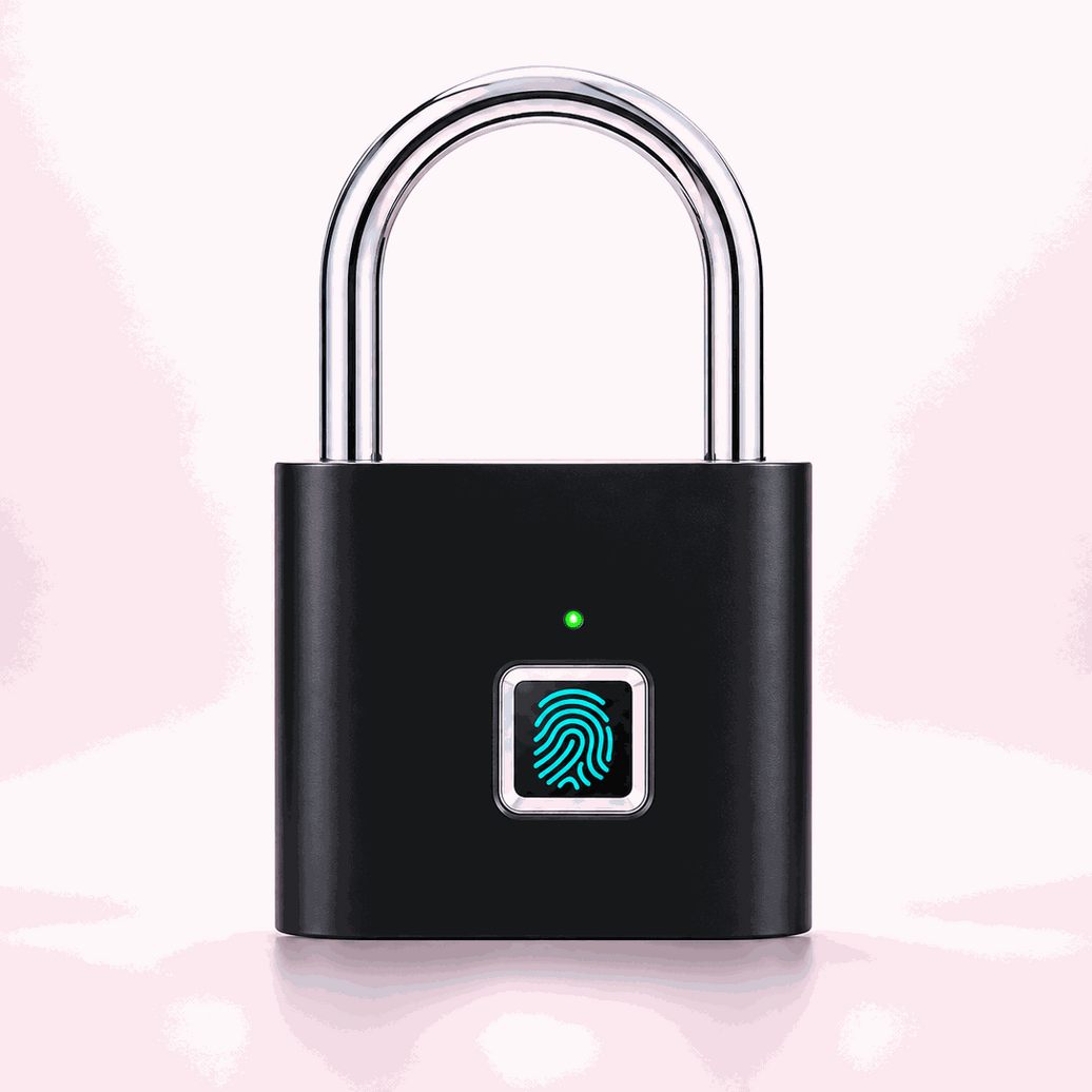 Smart Fingerprint Padlock in matte black with silver shackle, featuring a glowing turquoise fingerprint sensor and green indicator light