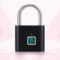 Smart Fingerprint Padlock in matte black with silver shackle, featuring a glowing turquoise fingerprint sensor and green indicator light