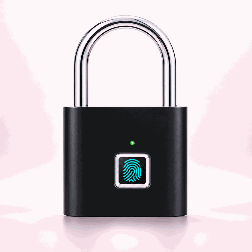 Smart Fingerprint Padlock in matte black with silver shackle, featuring a glowing turquoise fingerprint sensor and green indicator light